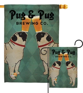 Pug And Brewing Pets Dog Puppy Beer Drinks Chubby Animal Garden House Yard Flag - Picture 1 of 13