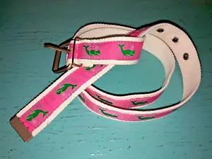 Vintage Women's Webbed Canvas Ribbon Preppy Whale Belt Pink Green Medium CUTE! - Picture 1 of 1