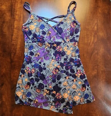 REI 女式 6 码紫色橙色蓝色花卉背心 V 领内置文胸 — 第 1/4 张图片