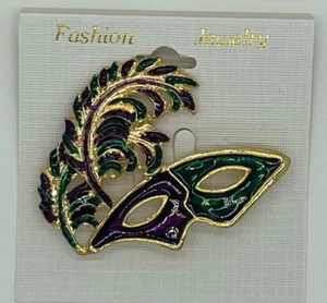 Mardi Gras Pin Purple Green & Gold, Mask with Feathers - Picture 1 of 2