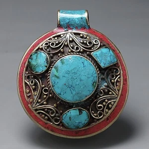 Huge Vintage Tibetan Silver Pendants Bronze Filigree Turquoise Coral Inlay  - Picture 1 of 21