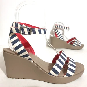 Crocs Shoes Sz 10 Blue White Stripe Leigh Wedge Heels Strappy Comfort Nautical - Bild 1 von 18