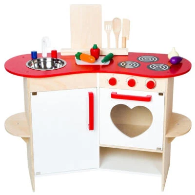 WARENHANDEL KÖNIG Kinderküche aus Holz Spielküche Kochen Kinder Spielzeug Holzküche weiß rot Herz