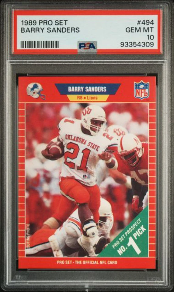Tarjeta de fútbol americano de radiocontrol de novato Barry Sanders #494 Pro Set 1989 graduada PSA 10 gemas como nueva Foto 1 de 2