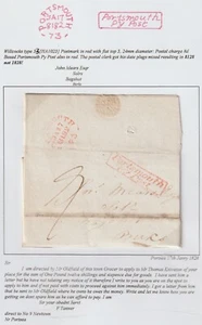 1828 RED PORTSMOUTH CIRC MILEAGE & PENNY POST LETTER F TANNER TO J MEARS BAGSHOT - Picture 1 of 3