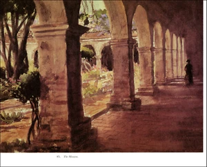 Imagen en acuarela The Mission Capistrano California Arches 1990 impresión vintage - Imagen 1 de 3