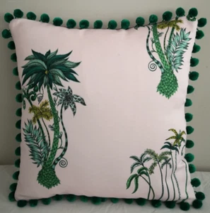 Emma J Shipley JUNGLE PALMS PINK Cushion cover. Handmade and gorgeous POM POMS - Picture 1 of 4