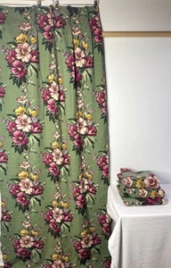 Vintage Barkcloth 4 Panels Sage Green Purple Yellow Flowers MCM Fabric Remnants - Picture 1 of 6
