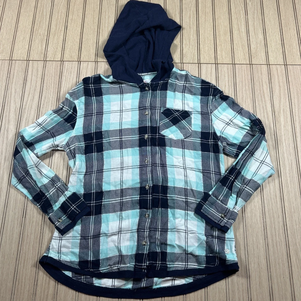 Justice девочек длинным рукавом клетку фланель с капюшоном синий большой (12-14) - Изображение 1 из 4