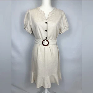 Monteau Shirtdress Short Sleeves Linen Blend Belt Beige Medium Preppy NWT - Picture 1 of 10