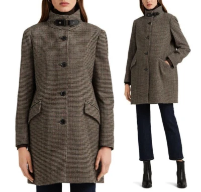 Abrigo Lauren Ralph Lauren con lengüeta frontal mezcla de lana en pata de gallo Merlot talla 16 $345 Foto 1 de 4