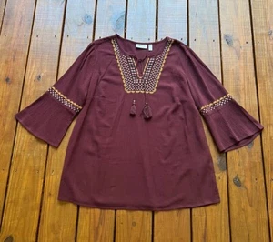 NEW Denim & Co. women's L dark red boho embroidered tassel 3/4 sleeve top blouse - Picture 1 of 16