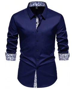 Camisa Azul de Hombre Estampada Floral Elegantes Casuales Formales Manga Larga - Picture 1 of 7