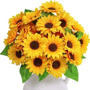 6 Pcs Artificial Sunflower Bushes 11.8" Tall Yellow Silk Sunflowers Stems Sun... - Picture 1 of 8
