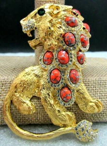 KENNETH J LANE  KJL CABOCHON PRIDEFUL LION PIN BROOCH LIMITED EDITION PIECE - Picture 1 of 6