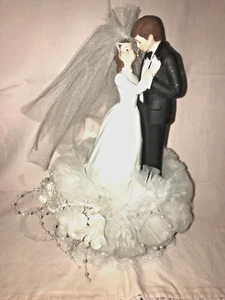 Vintage 1980s Wedding Cake Topper Bisque Bride Groom Faux Roses Pearls Net Veil - Picture 1 of 6
