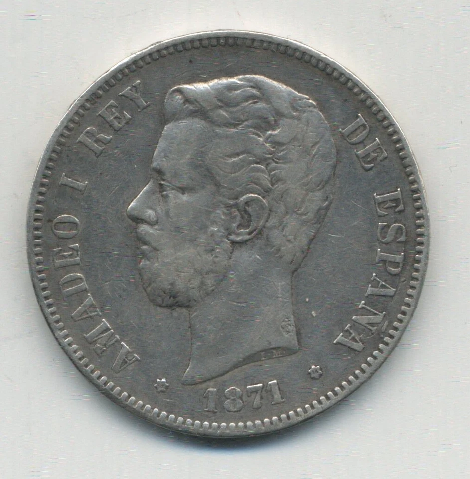 Spain España Amadeo l 5 Pesetas 1871  *18 74 Madrid DE M Silver KM 666 VF - Image 1 of 3