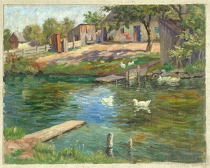 Franz J. Schenk (1885-1971) zugeschrieben. Bauernhaus mit Ententeich 26x33 cm. - Picture 1 of 5