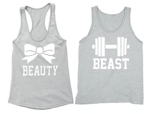 2 FOR 1 SALE: Beauty Beast Matching Couple Tanks Cotton Blend Tank tops Gray - Picture 1 of 3