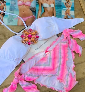 Victoria's Secret Sexy jeweled Bandeau Ruched trim Brazilian Bikini Set S US - Picture 1 of 2