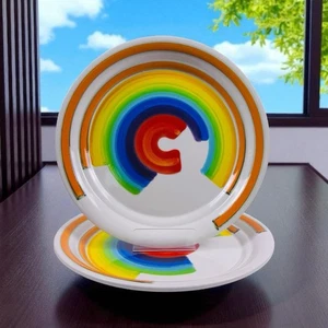 Vintage Mancer Italien Regenbogen Teller Keramik handbemalt 10,25" Retro 2er Set - Bild 1 von 10