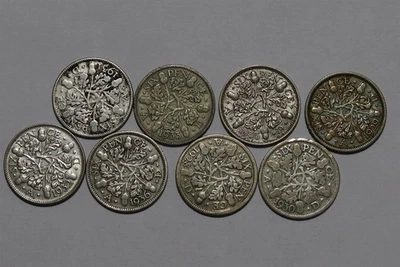 🧭 🇬🇧 UK GB 6 ПЕНСОВ КОЛЛЕКЦИИ - 8 СЕРЕБРЯНЫХ МОНЕТ B88 #525 XU34 - Изображение 1 из 2