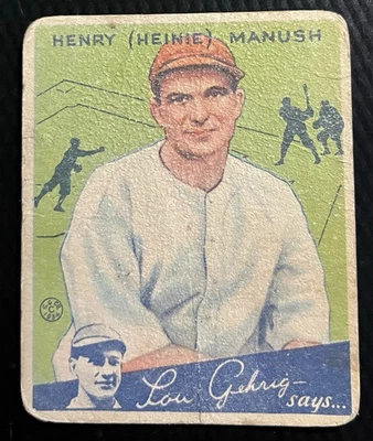 Original 1934 Goudey Heinie Manush Senadores Salón de la fama #18 Lou Gehrig dice bajo grado Foto 1 de 3