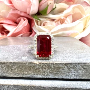 Certified Lab Created Diamond & Red Ruby Ring 4.95 Ct Emerald Cut 950 Platinum - Picture 1 of 7