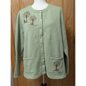 Breckenridge Cardigan Womens XL Green Embroidered Pearl Snap Fall Trees Squirrel - Picture 1 of 10