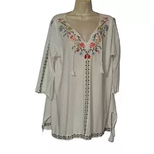 Camicetta indie hippie ricamata J JILL bohemien chic L bianca spiaggia costiera - Foto 1 di 5