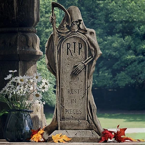 Rest in Pieces Grim Reaper Tombstone Statue Skeleton Faced Outdoor Garden Decor - Picture 1 of 6