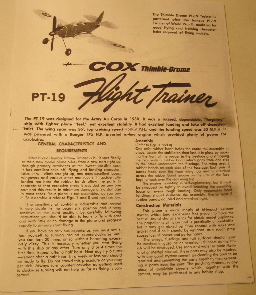 Cox Thimble Drome PT-19 Flight Trainer Photocopy Instruction Sheets for Plane - Image 1 of 1