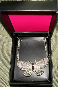 Butterfly Necklace Silver Tone Purple Rhinestones - Picture 1 of 3