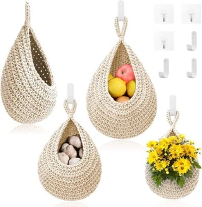 3 Pack Boho Hanging Fruit Baskets with Hooks - Handwoven Kitchen Storage (White) - Picture 1 of 6