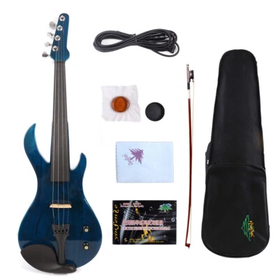 4/4 Electric Violin Guitar Shape Solid Wood Blue Violin Professional Sound - Image 1 of 4