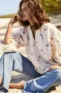 NWT J. JILL S Oversized Split-Neck Top Beige Purple Paisley Balloon Sleeves - Picture 1 of 6