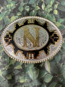 Custom Initial monogram Letter N - stamped Justin Boot Silver Mexico belt buckle - Picture 1 of 4