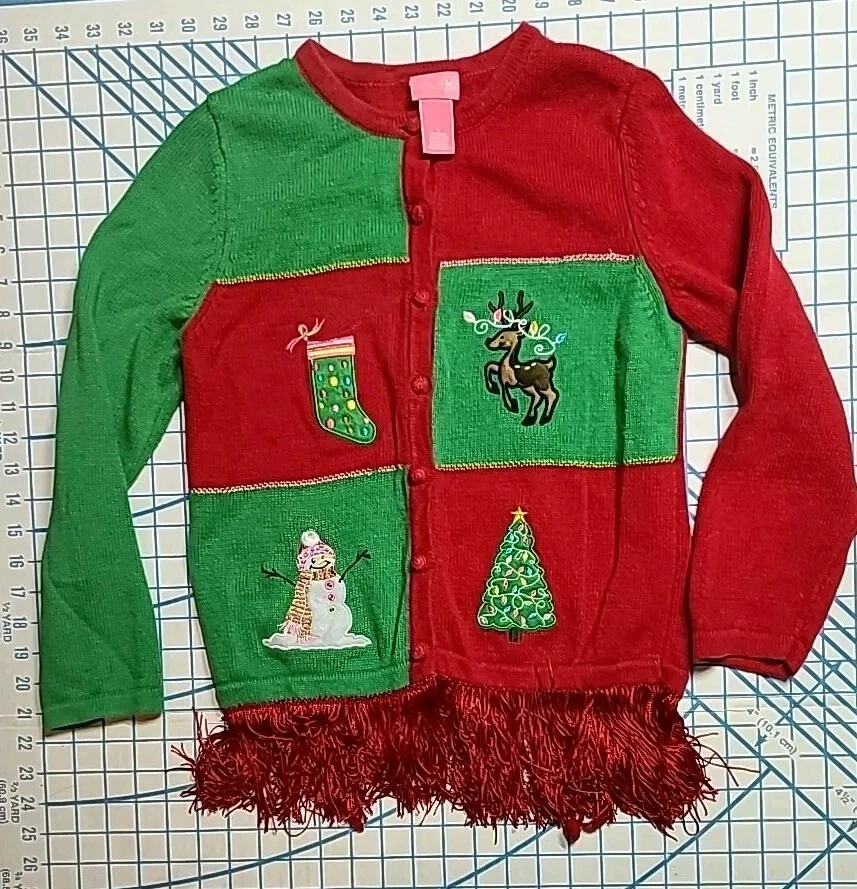 J Khaki Girls Christmas Sweater Size Large Color Block Green Red Fringe - Image 1 of 4