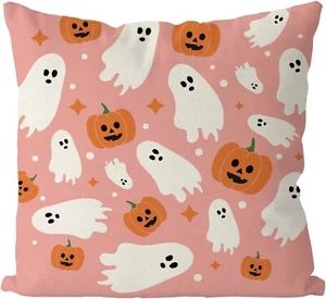 Halloween Pillow Covers 18x18 Ghost Pumpkin Pink 2pcs Pillowcase Indoor Outdoor - Picture 1 of 6