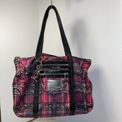 Bolso de hombro Coach Poppy tartán a cuadros negro púrpura #14360 Foto 1 de 4