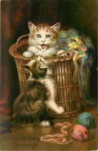 Art Postcard Tuck Birthday Greetings 105. Cats in Wicker Basket of Yarn Embossed - Picture 1 of 2