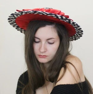 Vintage 60s Woven Sun Hat Black and White Large hat with Red Bow by Chandra - Picture 1 of 8