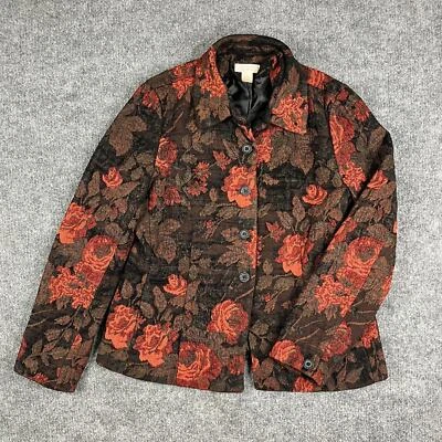 Christopher & Banks Jacket Womens Medium Floral Brocade Button Front Black Red - Image 1 of 4