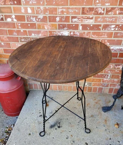Vintage Wrought Iron Ice Cream Parlor Table Round Solid Oak Black Cover