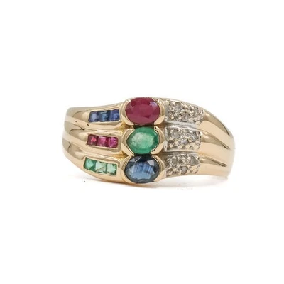 Ring mit Diamanten, Smaragden, Safiren und Rubinen in 14 Kt. 585 Gold 60 - Bild 1 von 4