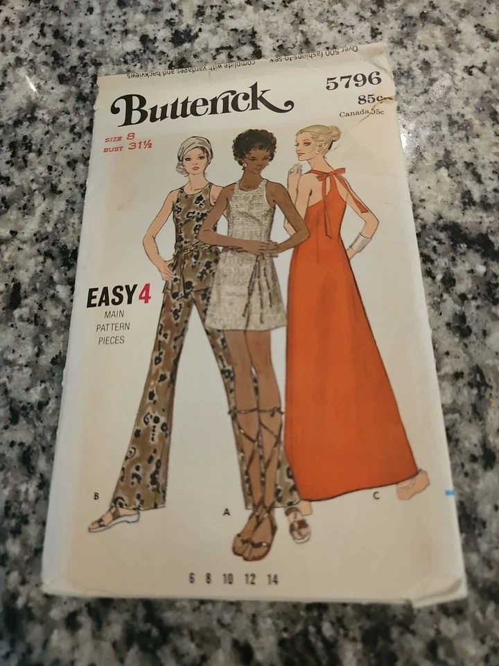 Vintage 1969 Butterick 5796 Sewing Pattern Pants Sleeveless Dress Tunic Sz 8 Cut - Image 1 of 4