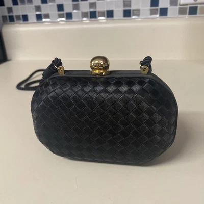 Neiman Marcus Vintage Black Satin Woven Hard Case Evening Purse Italy Mini - Image 1 of 4
