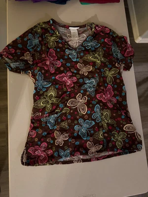 SB Scrubs Multicolor Butterflies and Flowers Women’s Scrub Top Size S - Image 1 of 2