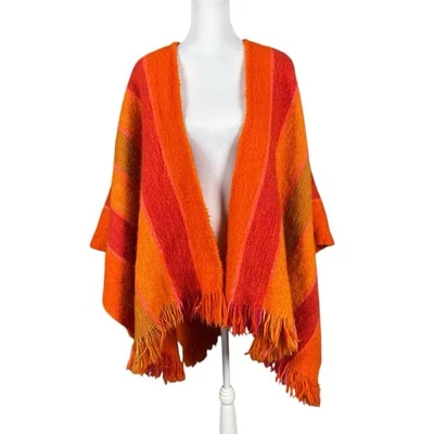 Vtg Orange Stripe Wool Open Poncho Fringe Hem Oversized Hippie Retro Art 70s - Image 1 of 4