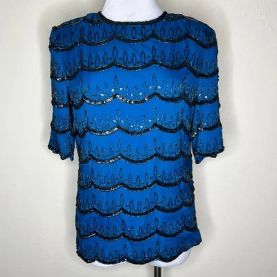 Top de seda pura escala años 90 grande azul con cuentas lentejuelas fiesta cóctel noche vintage Foto 1 de 4